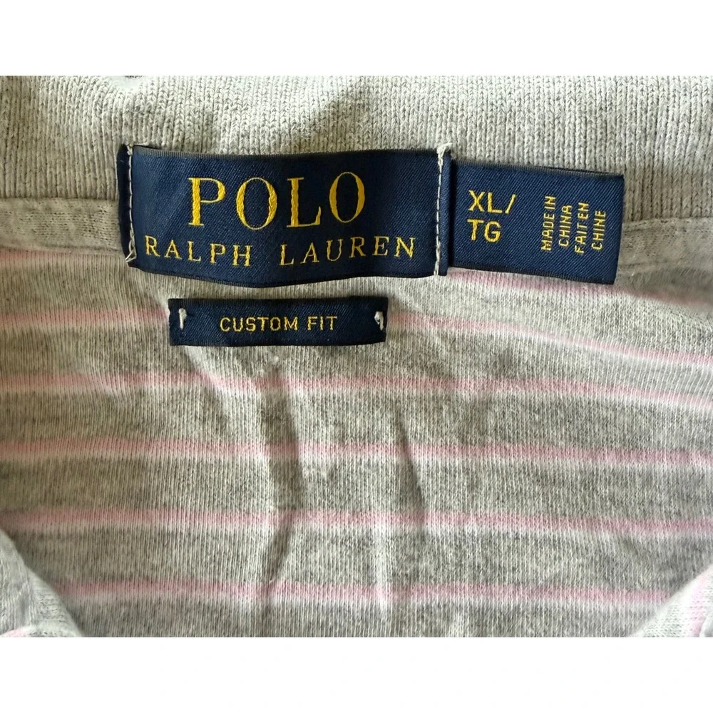 Polo Ralph Lauren Mens XL Custom Fit Gray Pink Striped Short Sleeve Polo Shirt
